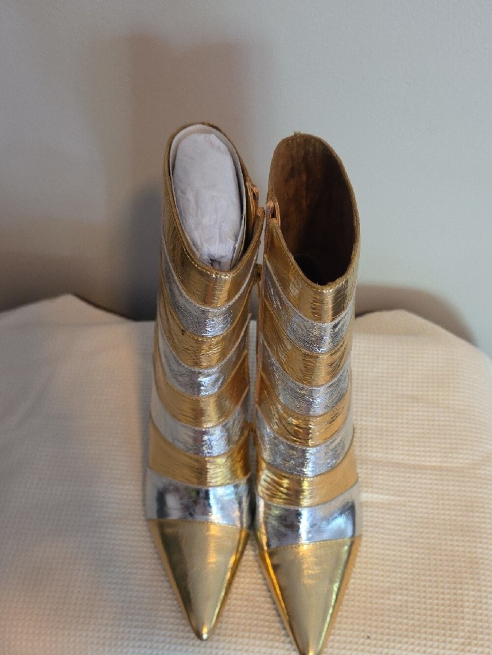 Jeffrey Campbell Metallic Gold & Silver Pointed-Toe Cone Heel Women's Booties - Picture 4 of 6
